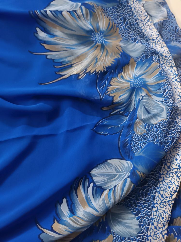 Blue Floral Printed Synthetic Georgette Saree