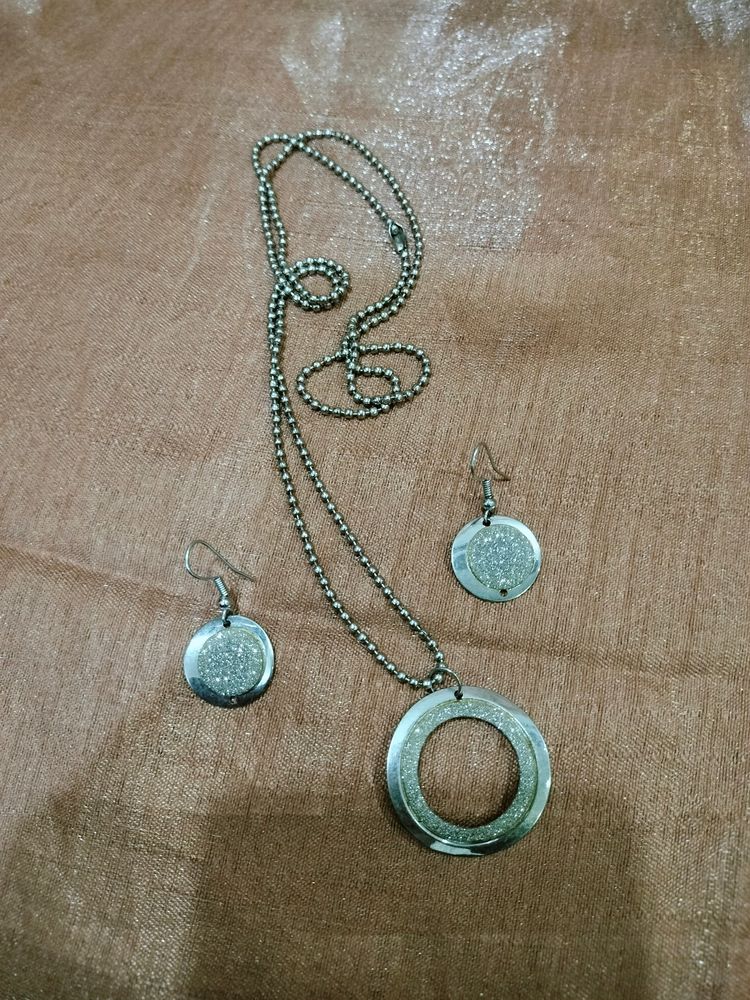 Silver Circular Necklace and Earrings Set