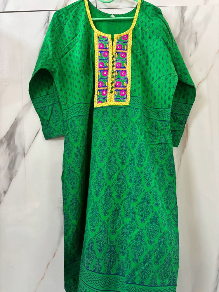 Bottle Green Kurti With Yellow Embroidery