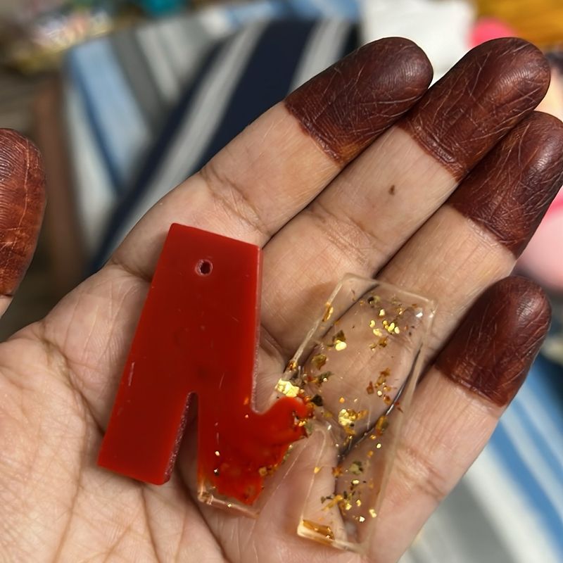 M Letter Keychain Resin | Red With Golden Flakes