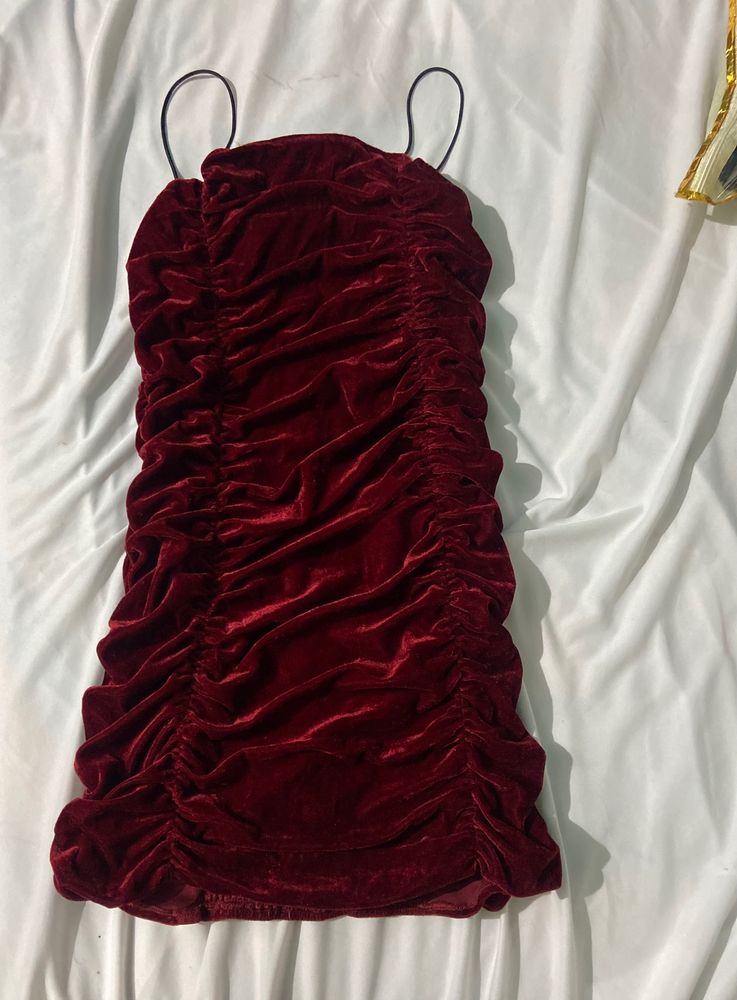 Maroon Velvet Straight Fit Short Dress