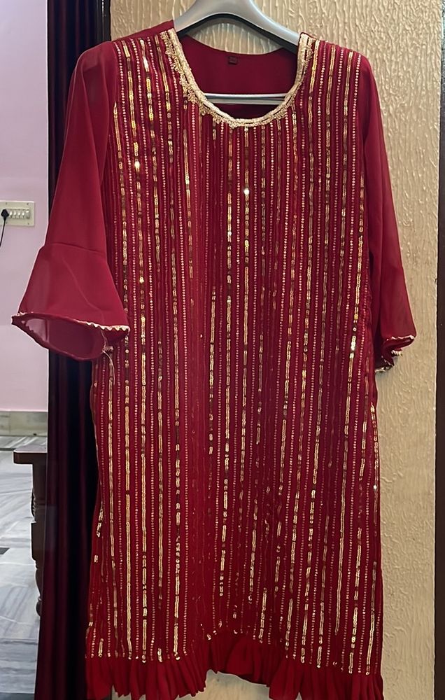 Red glittery kurta with sharara