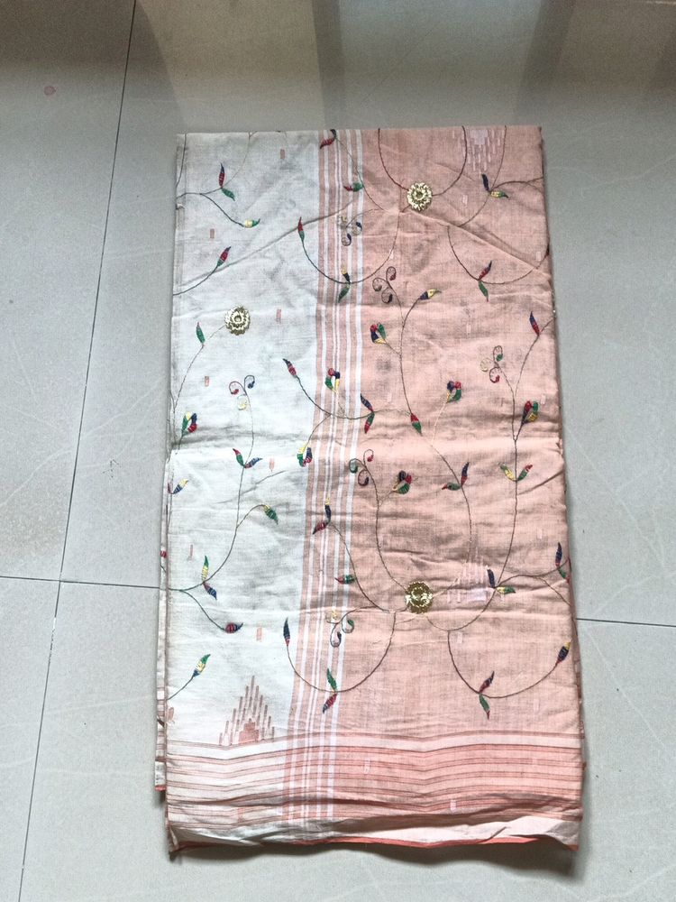 Cream And Orange Cotton Saree