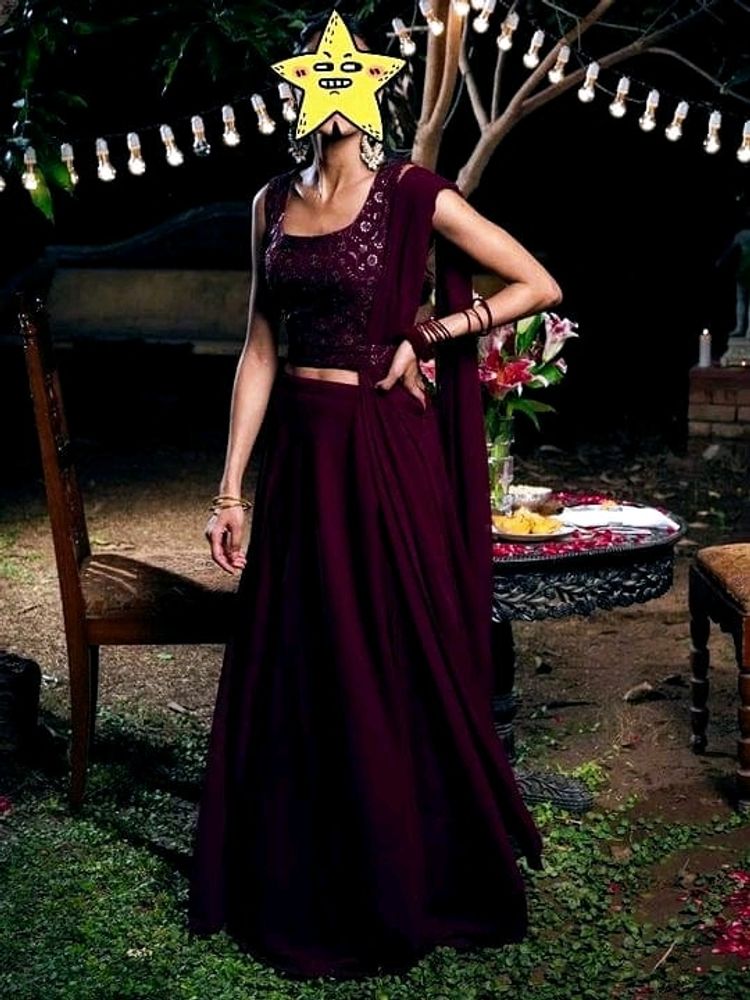 Libas Burgundy Embroidered Georgette Lehenga Set