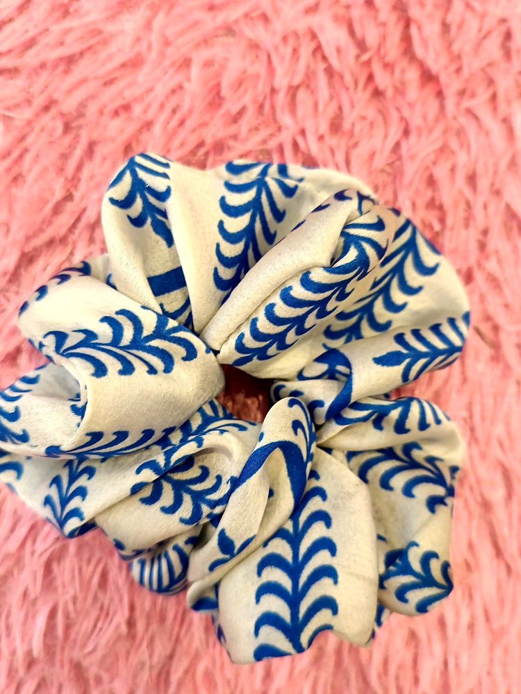 Blue And White Satin Scrunchie