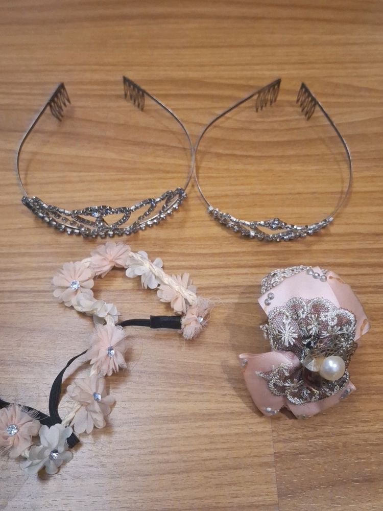 4 Pcs Tiara Set- 2 Crown, 1 Headband, Wrist Corsag