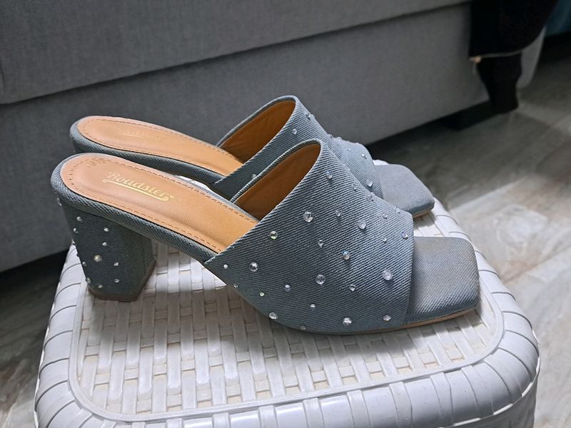 Trendy Embellished Denim Heels