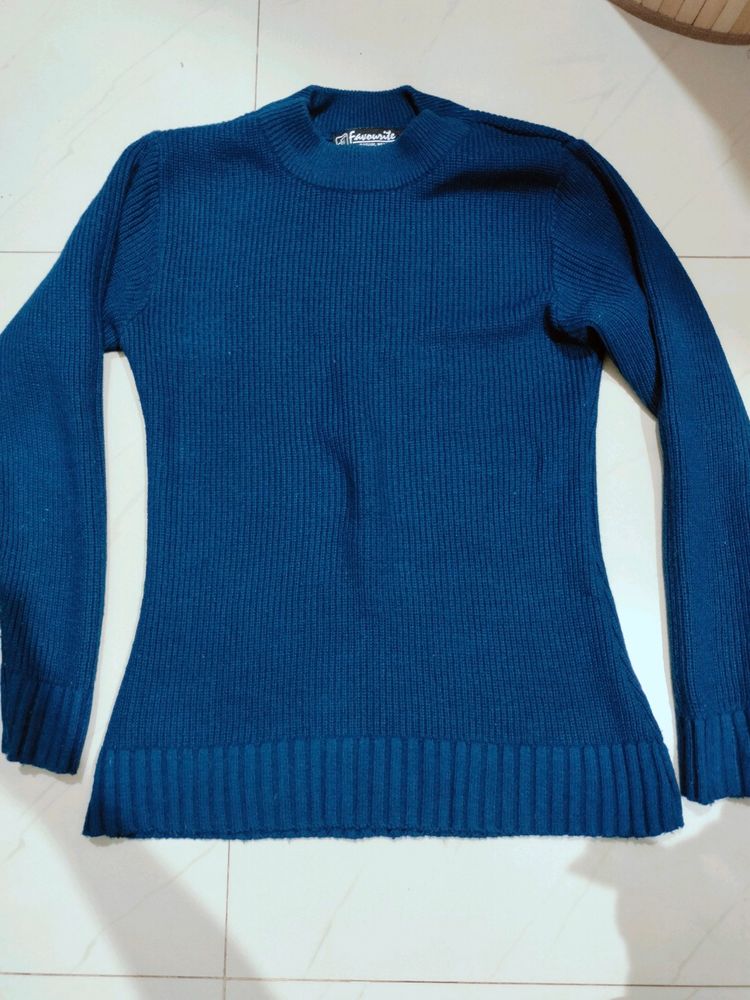 Natural Wool Prussian Blue Turtle Neck Sweater