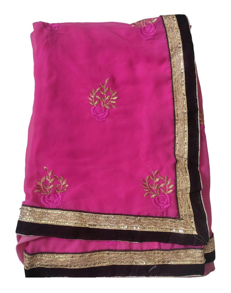 Heavy Embroidery Pink Saree With Velvet Border