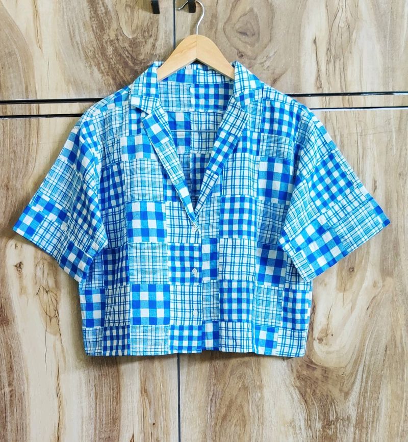 Blue Printed Crop Shirt Size-38