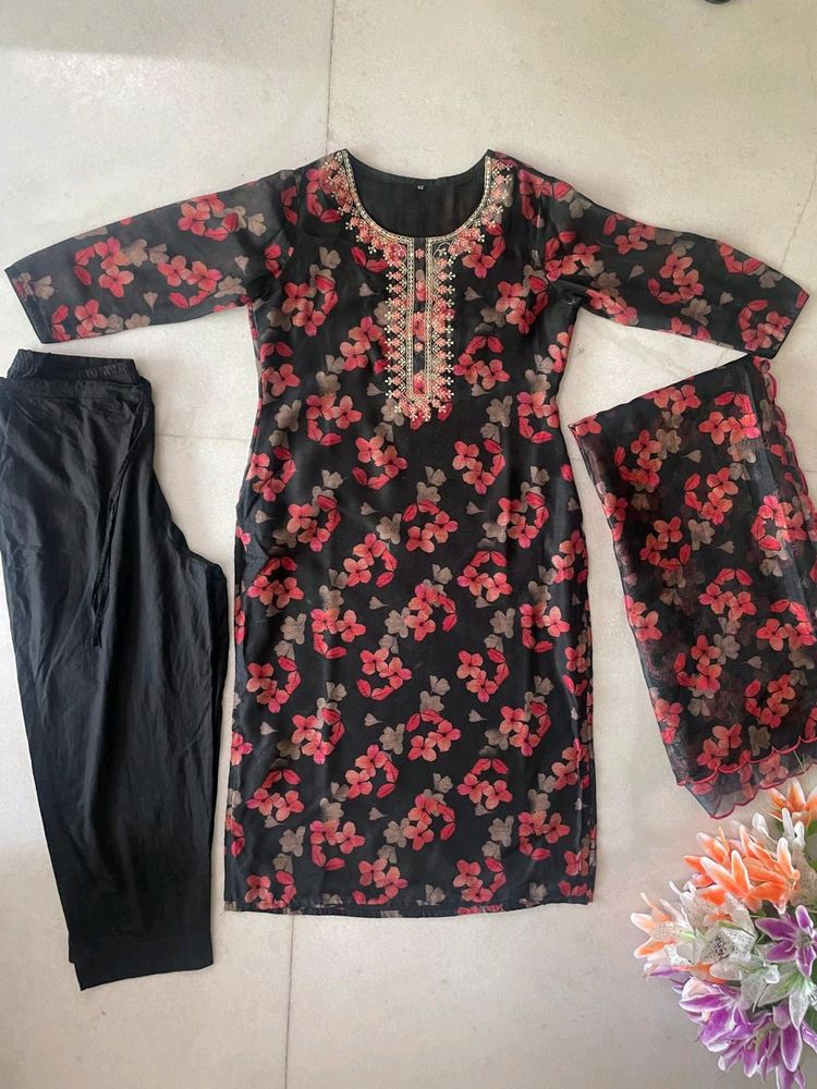 Floral Black Suit with Embroidered Neckline