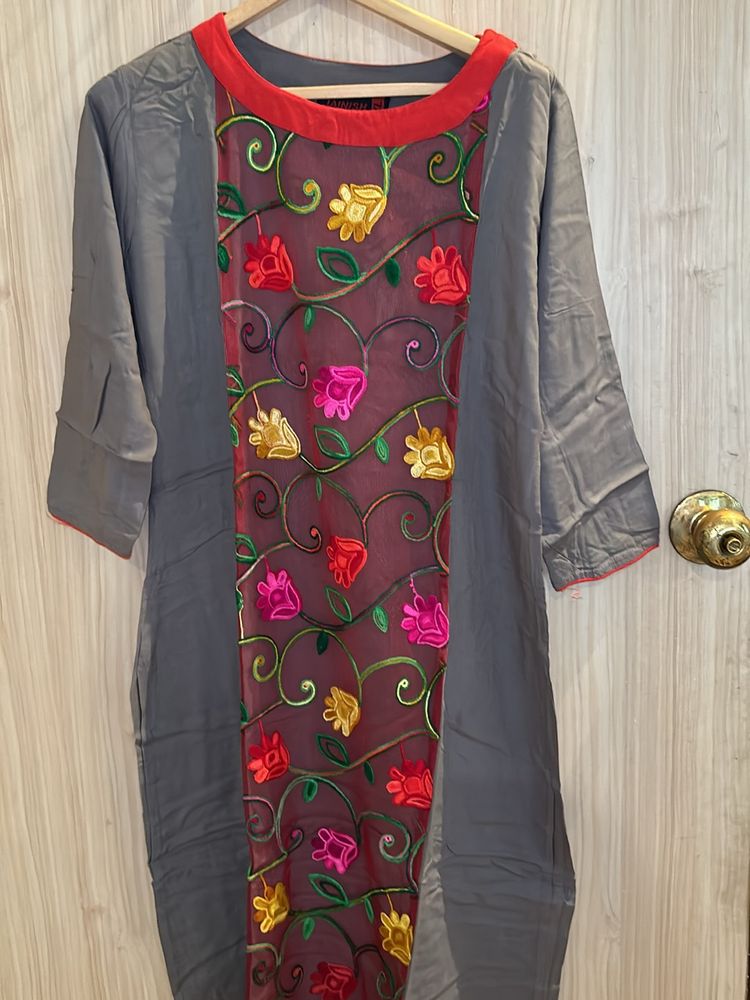 Grey Rayon Embroidered Kurti