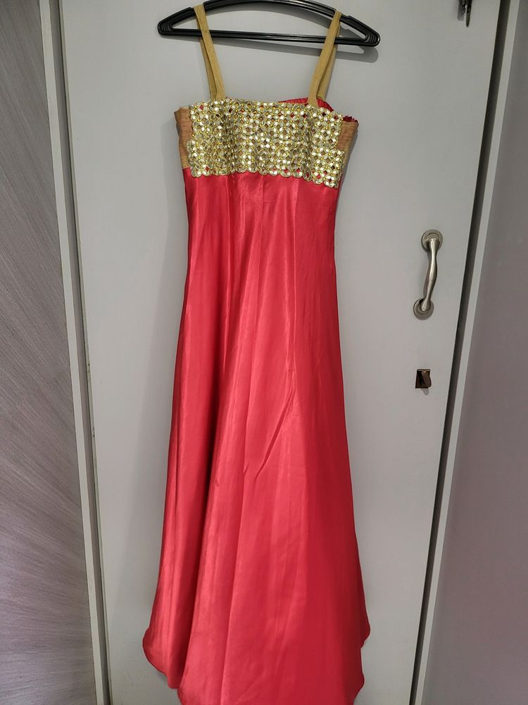 Red Color Gown With Mirror Work Lace