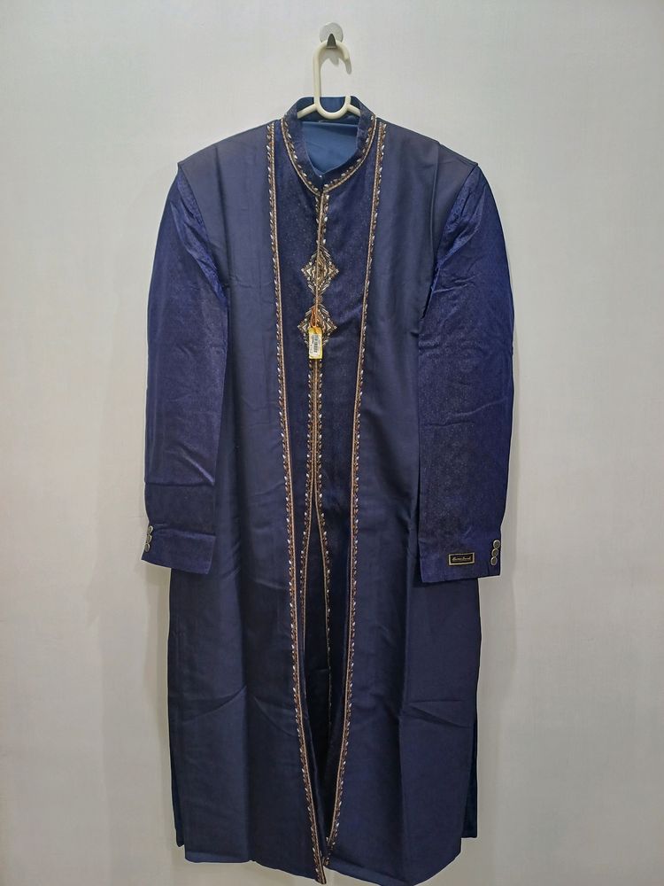 Long Jacket Sherwani With Work (Blue Jamewar)