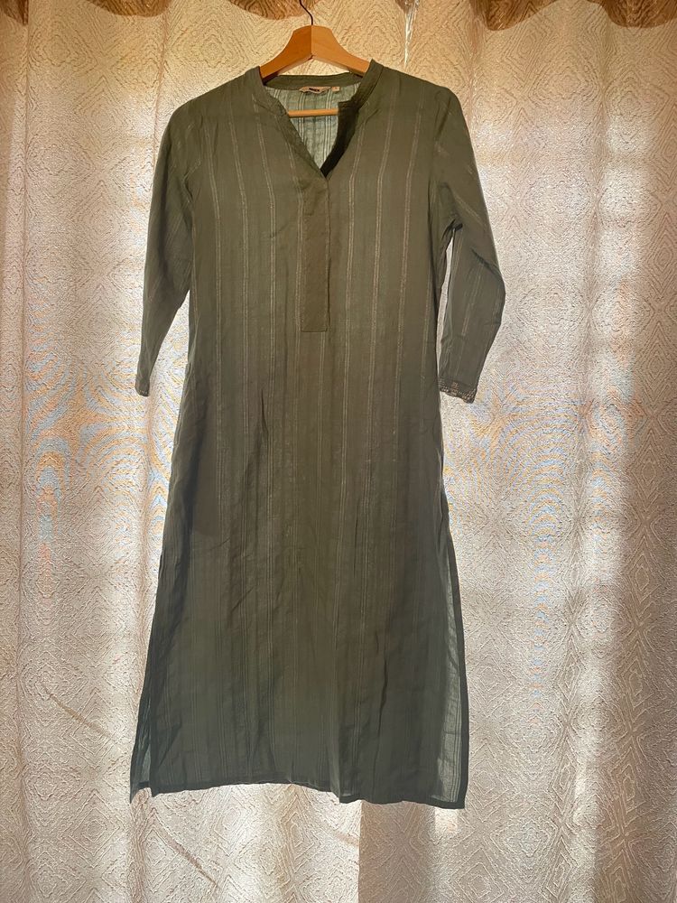 Sea Green Cotton Kurta with Subtle Striped Texture