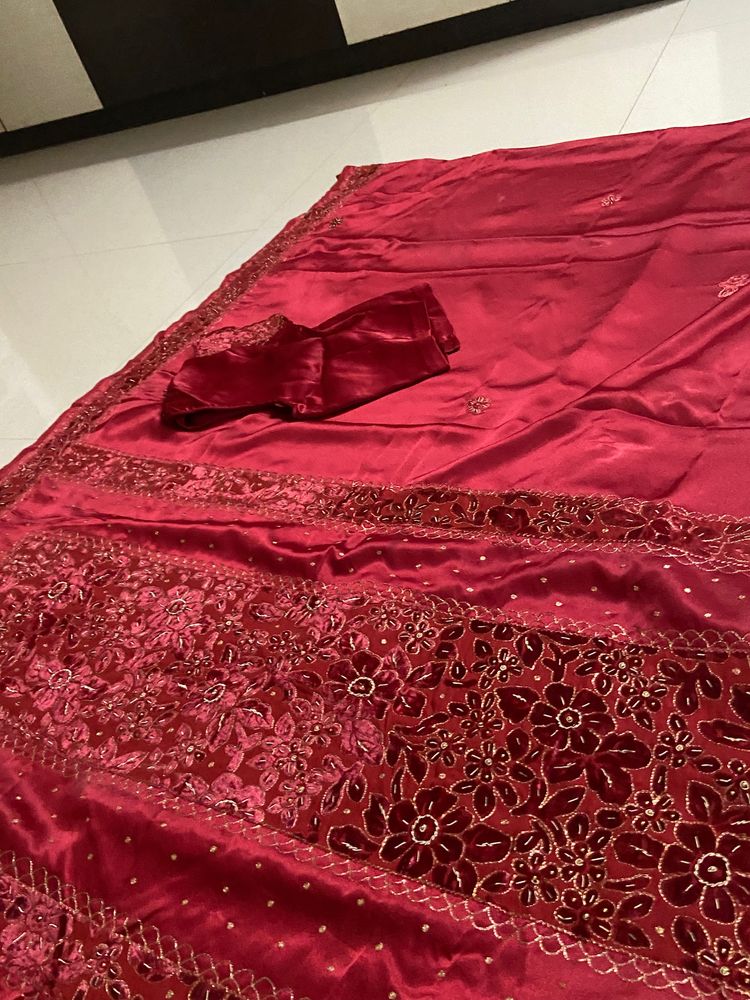 Red Silk Velvet Work Saree