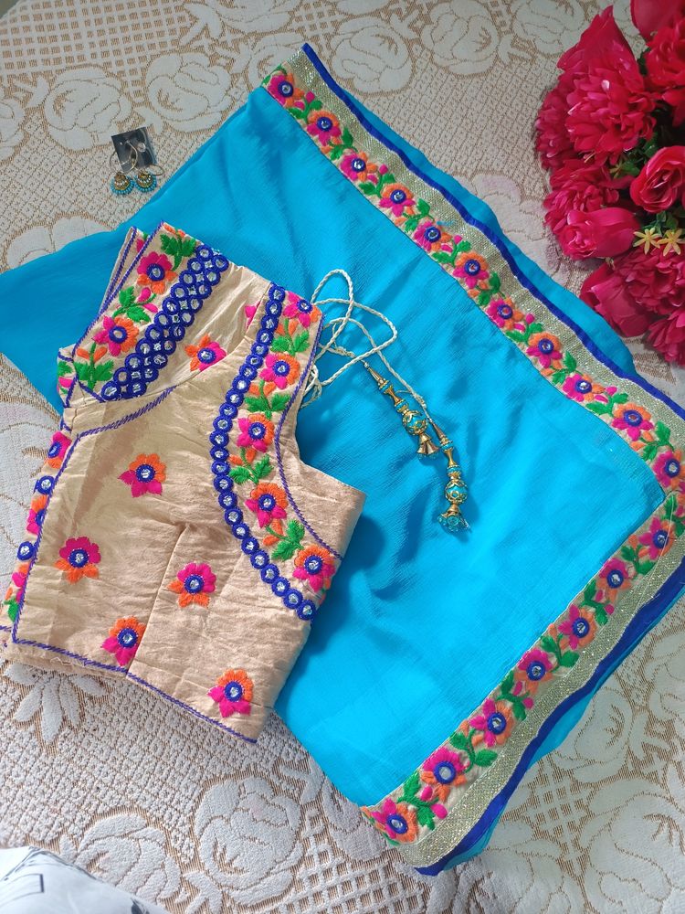 Blue Saree With Colorful Embroidery Blouse