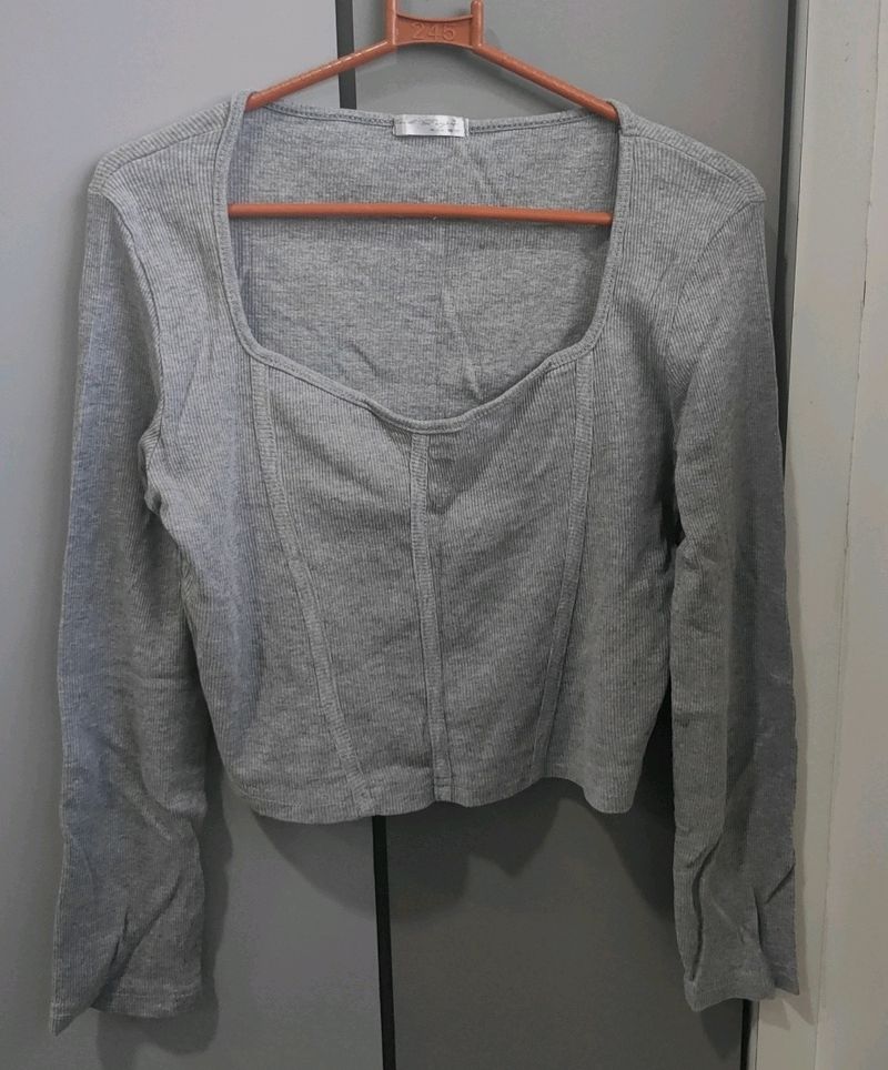 Grey Full Sleeves Crop Top