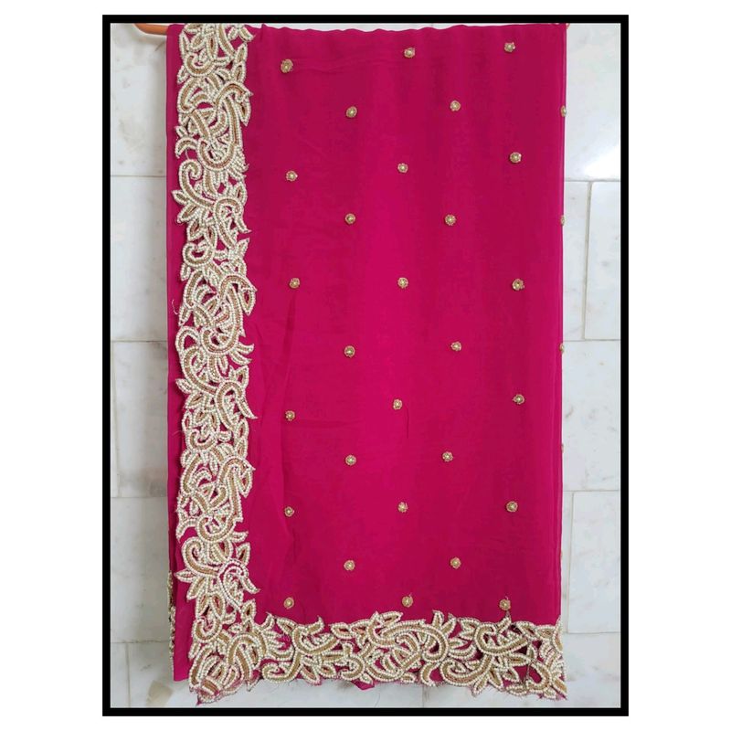 Hot Pink Pearl Work Saree