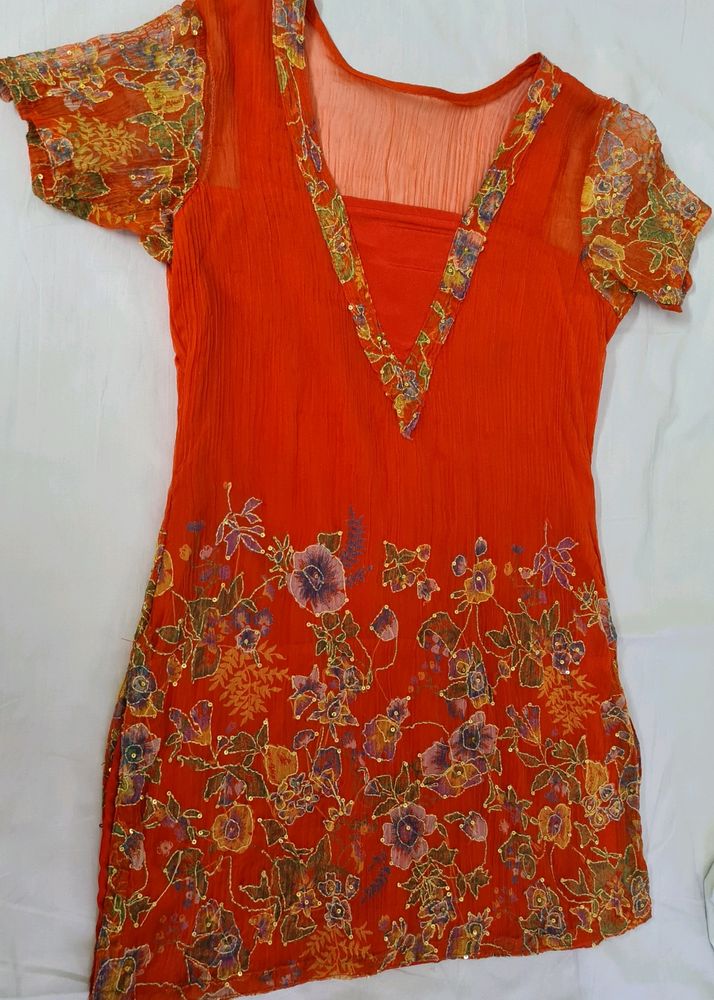 Red Floral Chiffon kurta with sequins & embroidery