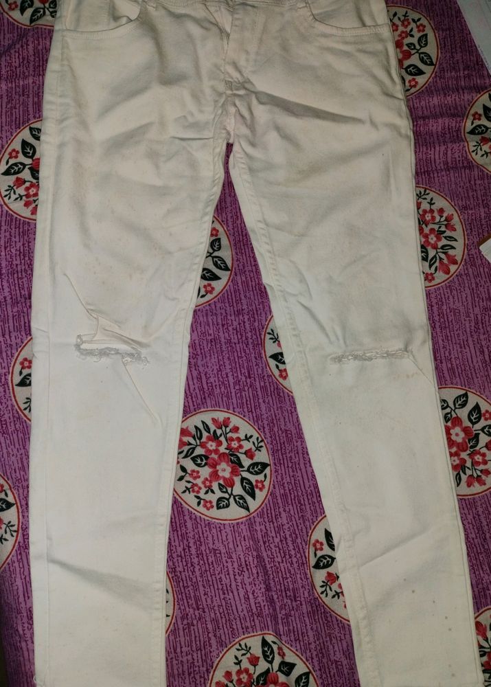 Knee Cut White Jeans For Women