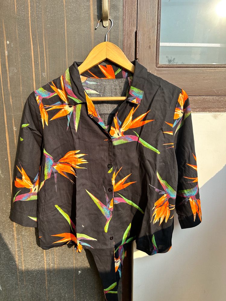 Black Tropical Shirt With Knot For Women