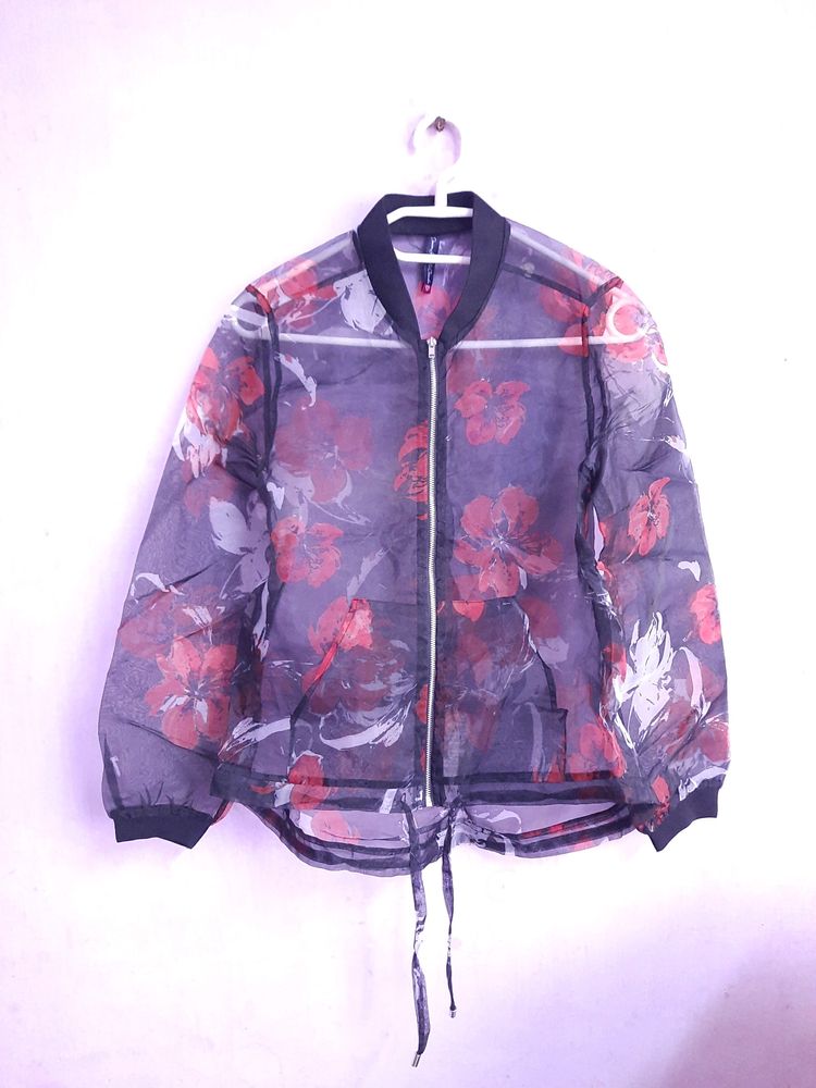 Zip Up Sheer Organza Bomber Jacket