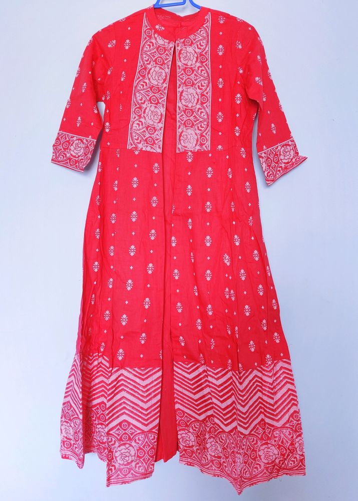 Layered A-Line Kurta With Cross Stitch Print