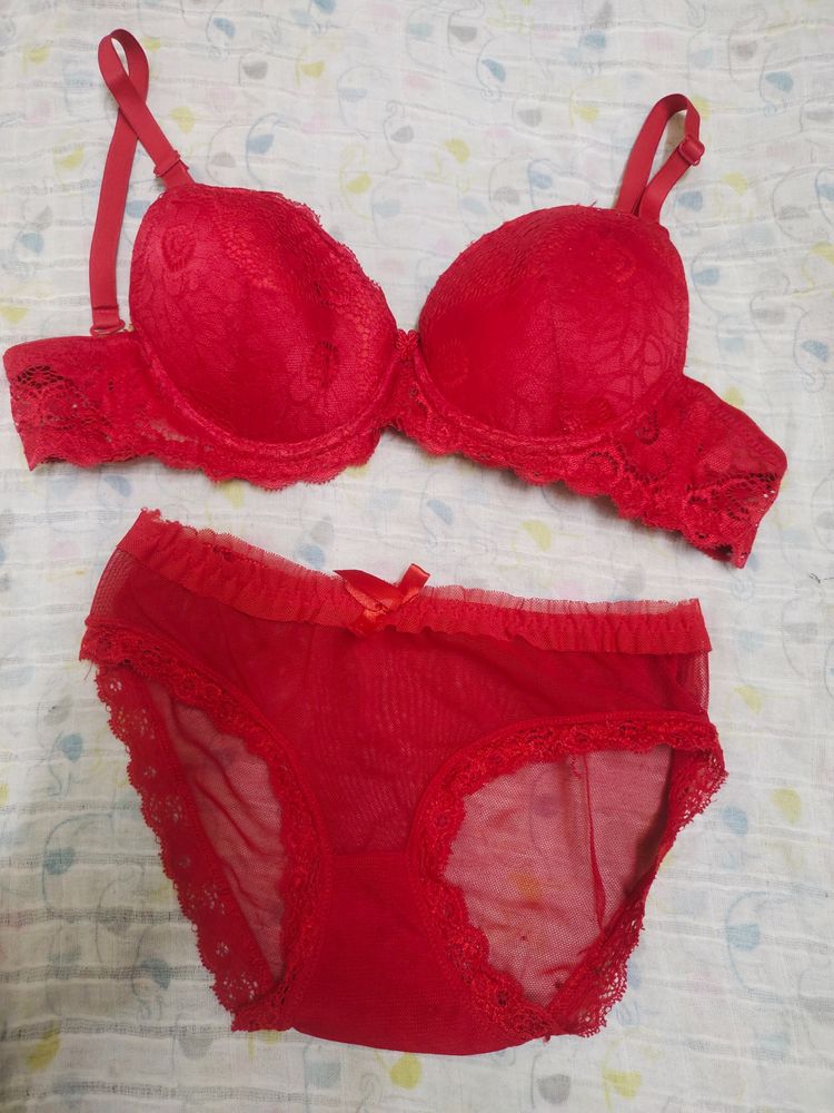 Padded Red Colour Honeymoon Special Bra And Penty