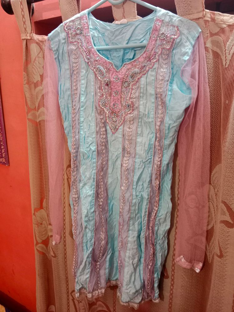 Baby Blue And Pink Embroidered Kurta