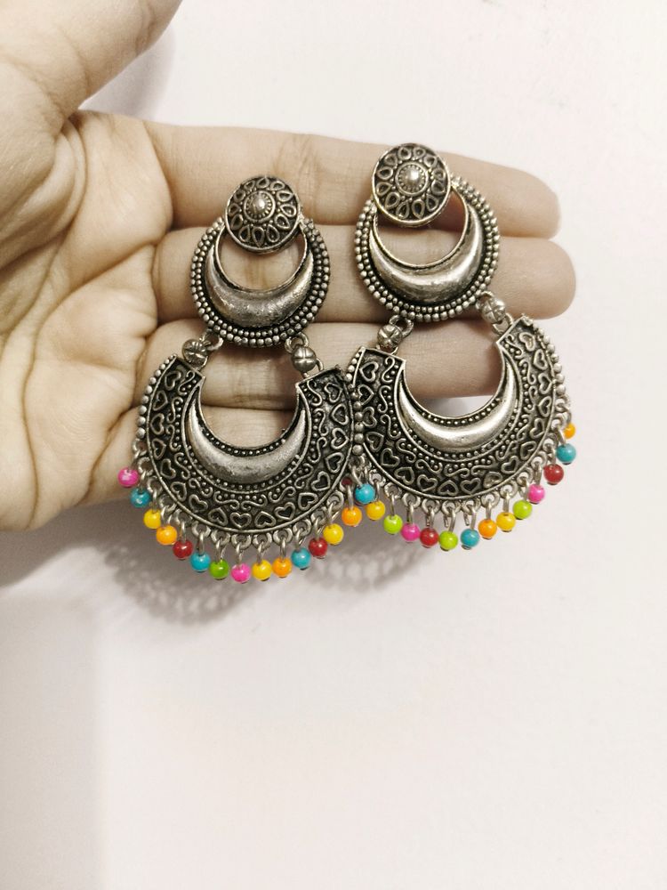 Silver Oxidised Earings With Multicolored Beads