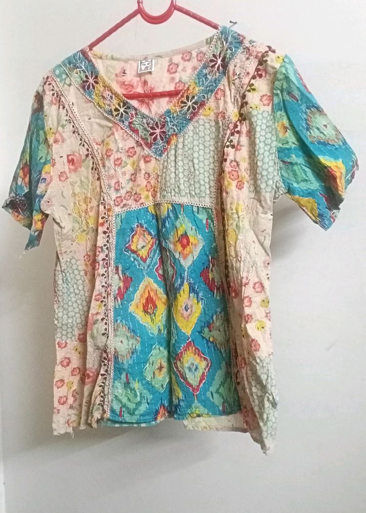 Multicolored Printed Embroidery Cotton Top