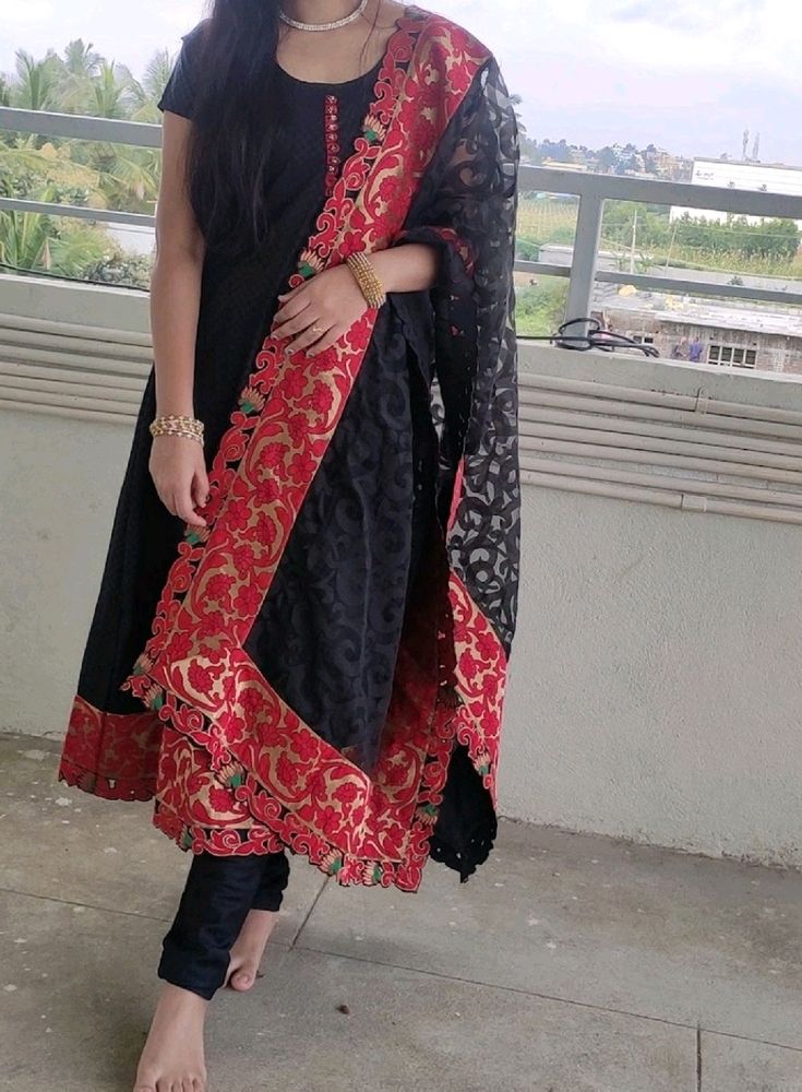 Black And Red Anarkali Kurta Set&Suite