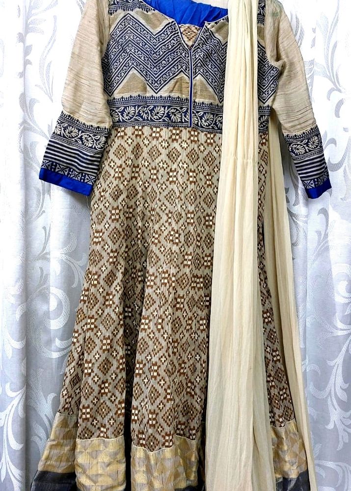 Ethereal Elegance: Beige Anarkali with Royal Blue