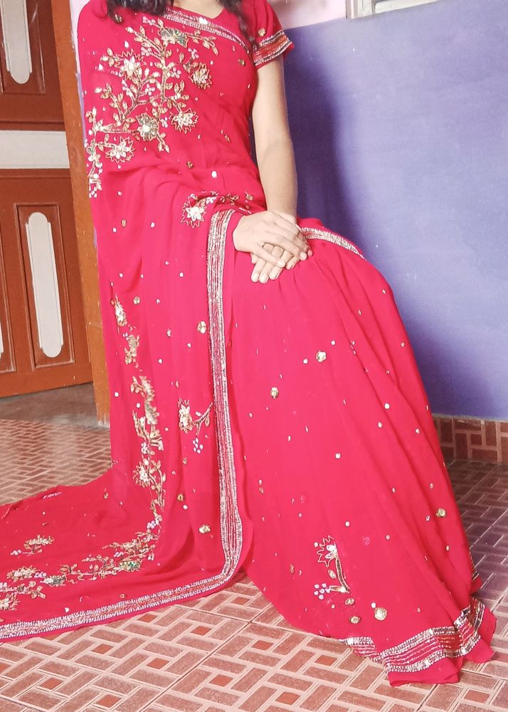 Red Saree With Full Embroidery Design