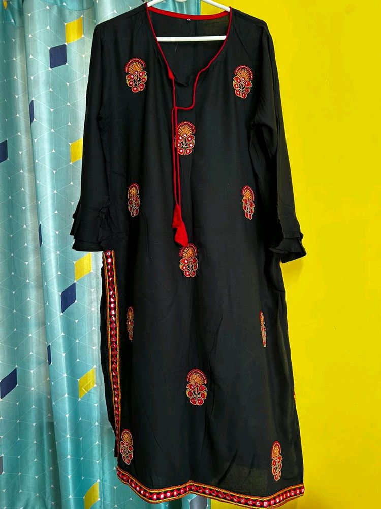 Embroidered Black Kurti With Front Tie Up