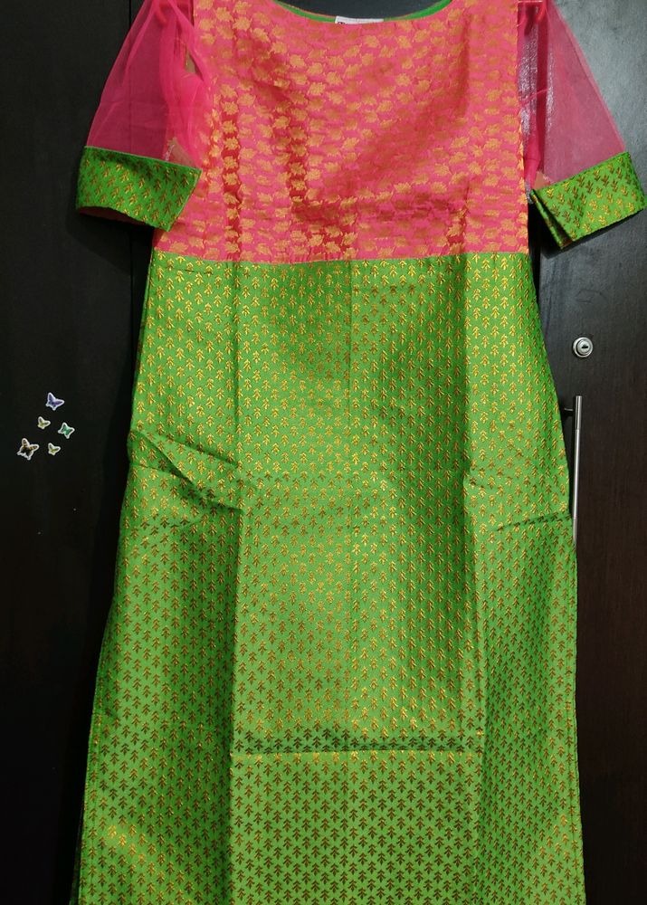 Parrot Green And Pink Brocade Kurta