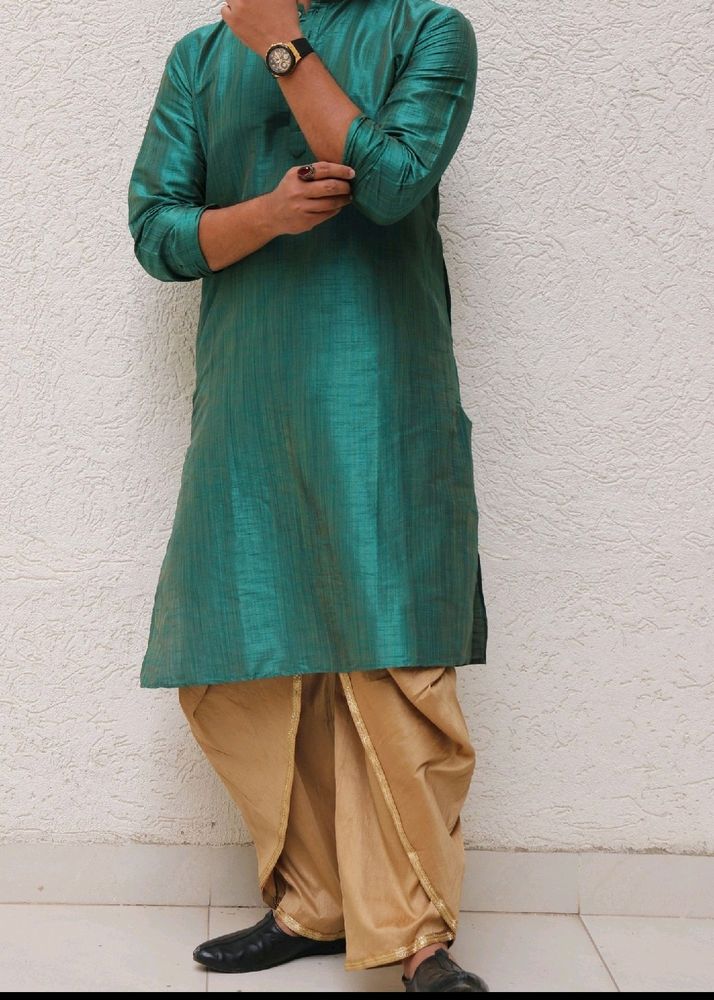 Dhoti Kurta In Green and Gold Colour For Mens