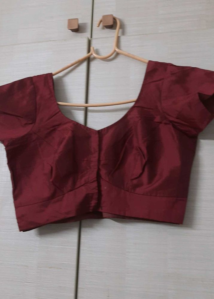 Stitched Cotton Silk Blouse -dark Red Color