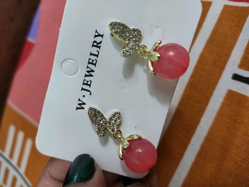 012 Fairy Pink Opal Drop Butterfly Earrings