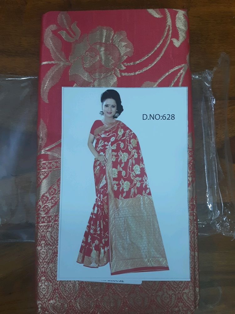 Beautiful Coral Colour Saree With Blouse -new