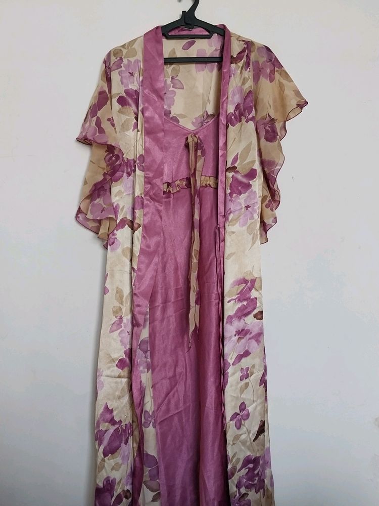 Satin Silk 2pc Lavender Nightgown With Robe