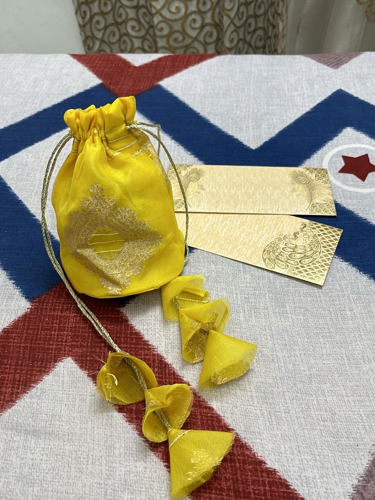 Hand Stitched Yellow Potli With Shagun Lifafa