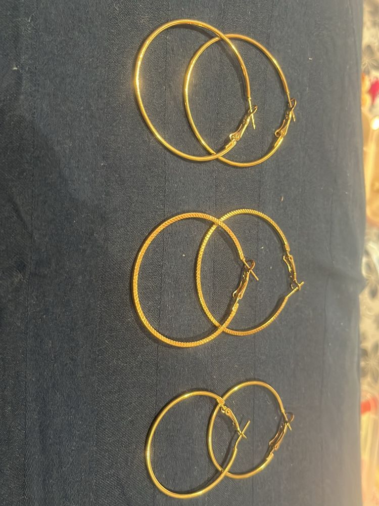 Set Of 3 Golden Hoop Earrings