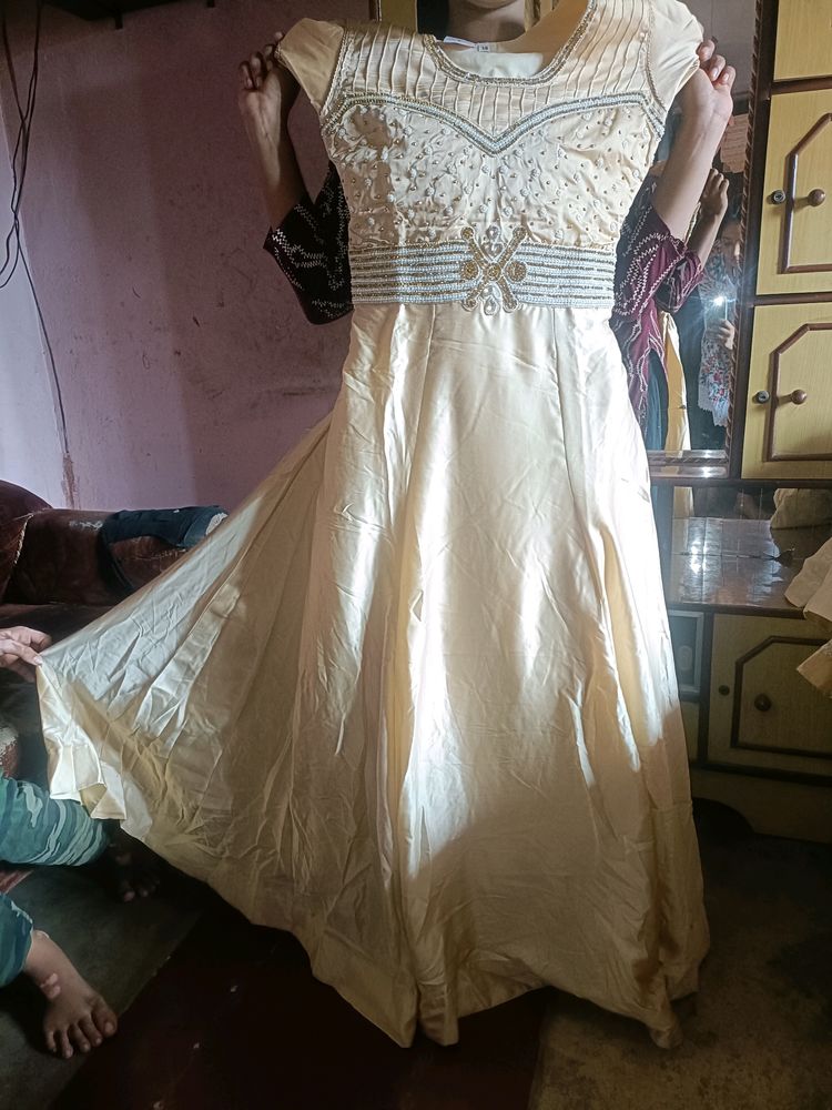 Light Golden Moti Work Party Wear Long Gown