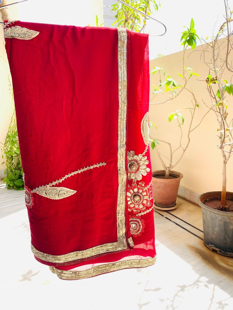 Pure Red Georgette Saree (Women )