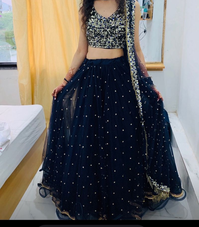 B’ful NavyBlue Lehnga Wid Silvr&blu Sequence Blous