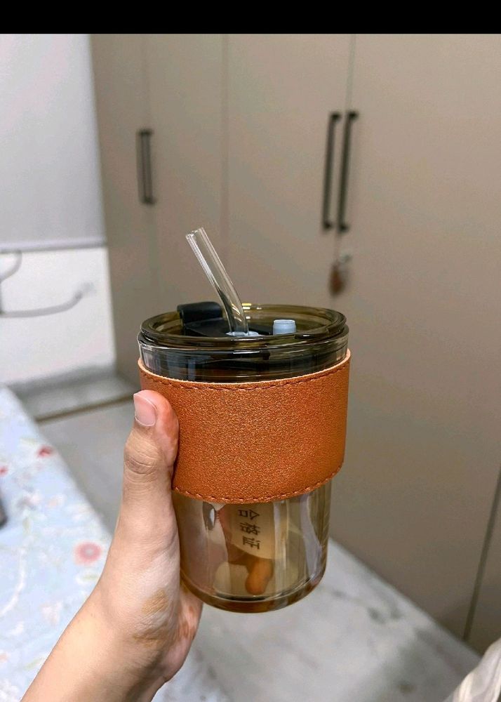 Reusable Sipper Coffee Mug with Leather Sleeve wit