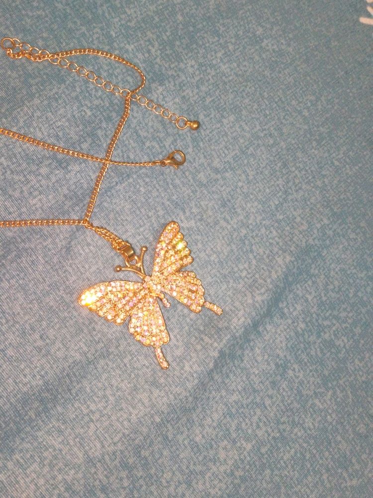 Butterfly Necklace, Gold , Rhinestone