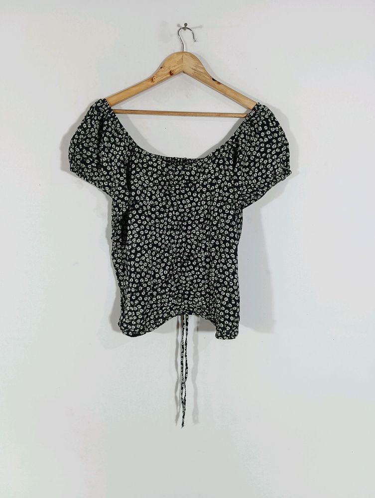 Black Printed Casual Ruched Top (Women)